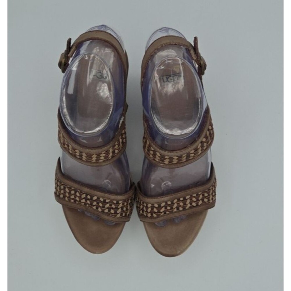 UGG ASSIA CHOCOLATE LEATHER STRAPPY WEDGE HEELS, WOMEN US 7.5/ EUR 38.5 - Picture 4 of 11